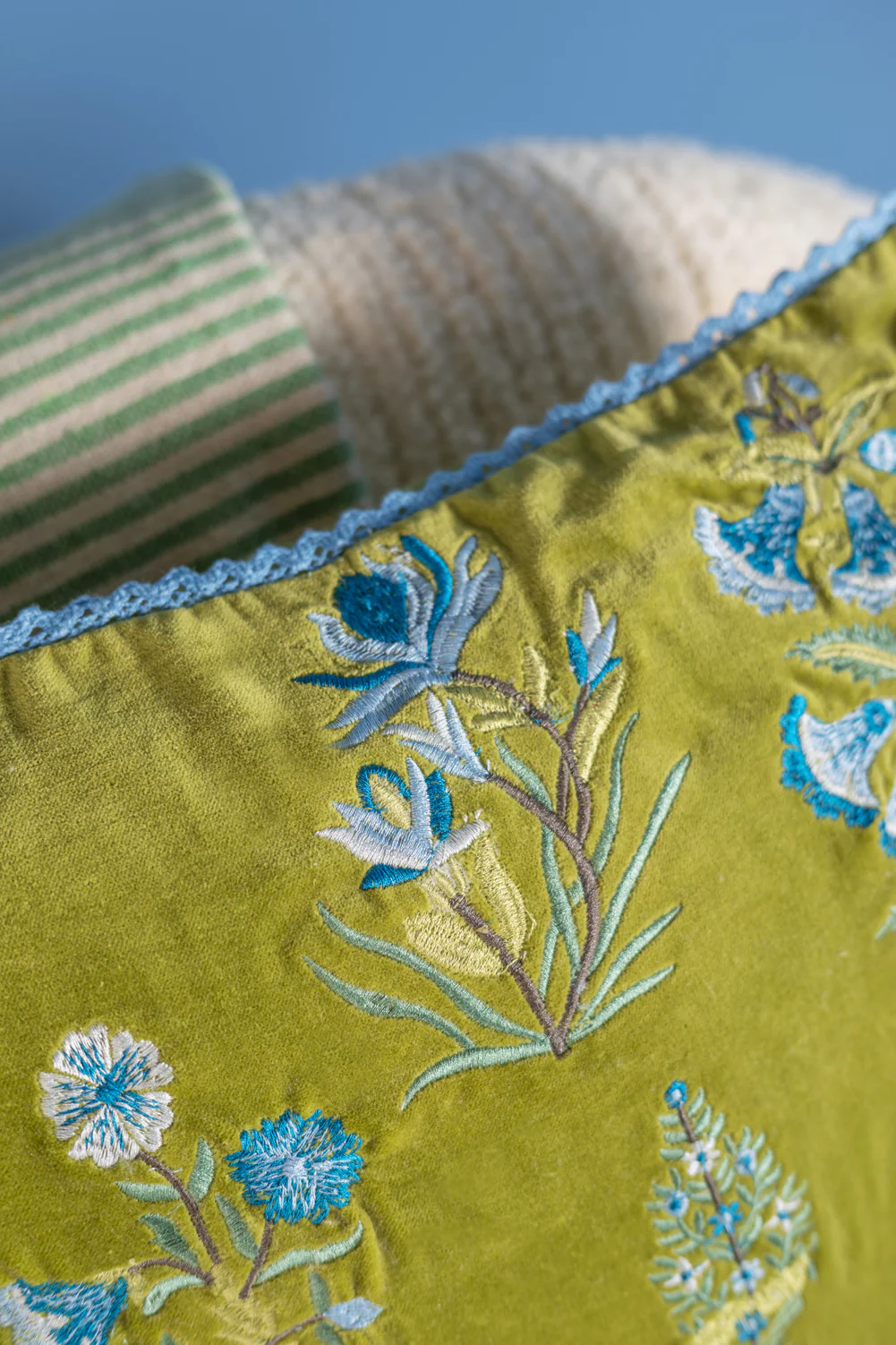 Sage Green Velvet Botanical Embroidered Cushion Cover - Image 5