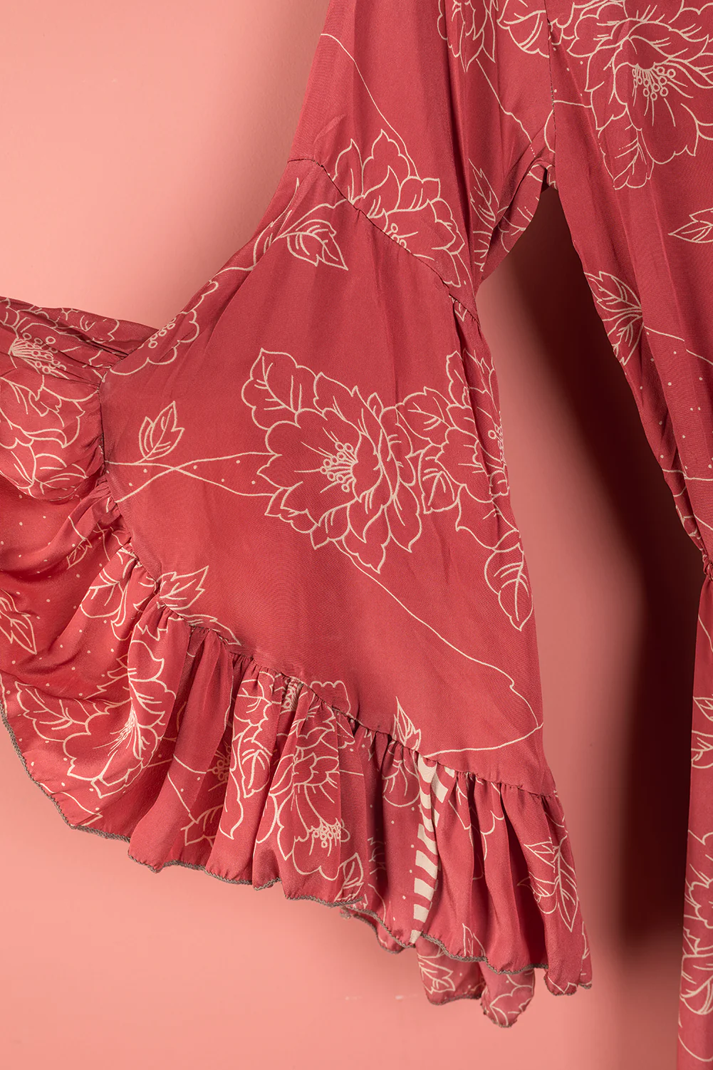 Seconds Red Floral Long Sleeve Recycled Silk Dress - Small - Image 2