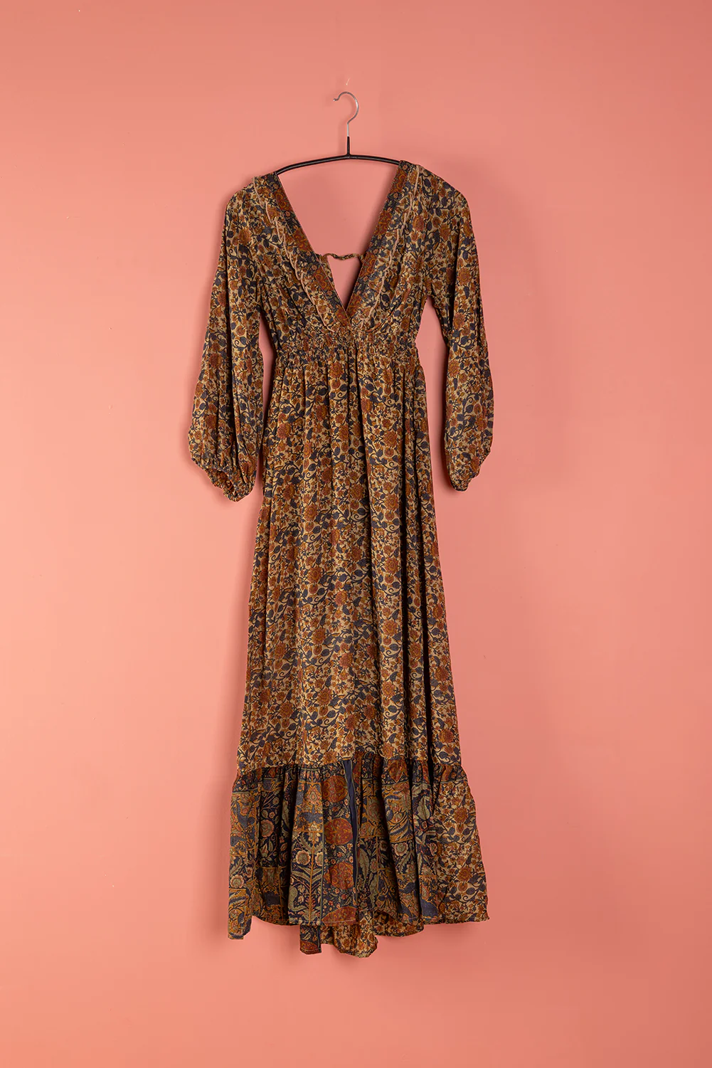 Seconds Brown & Black Long Sleeve Recycled Silk Dress - Medium