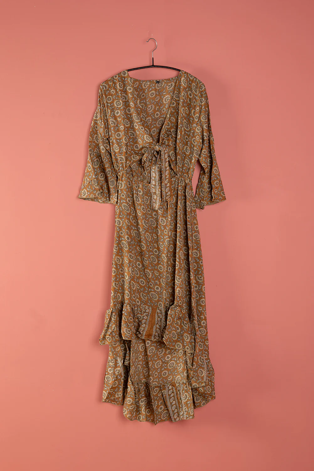 Seconds Brown & Cream Long Sleeve Recycled Silk Dress - Large