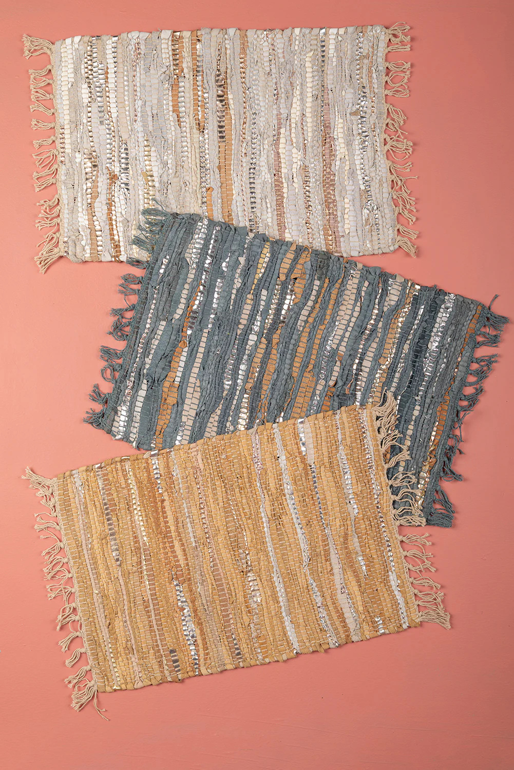 Seconds Set of Three Leather Chindi Mats in Blue, Taupe & Grey