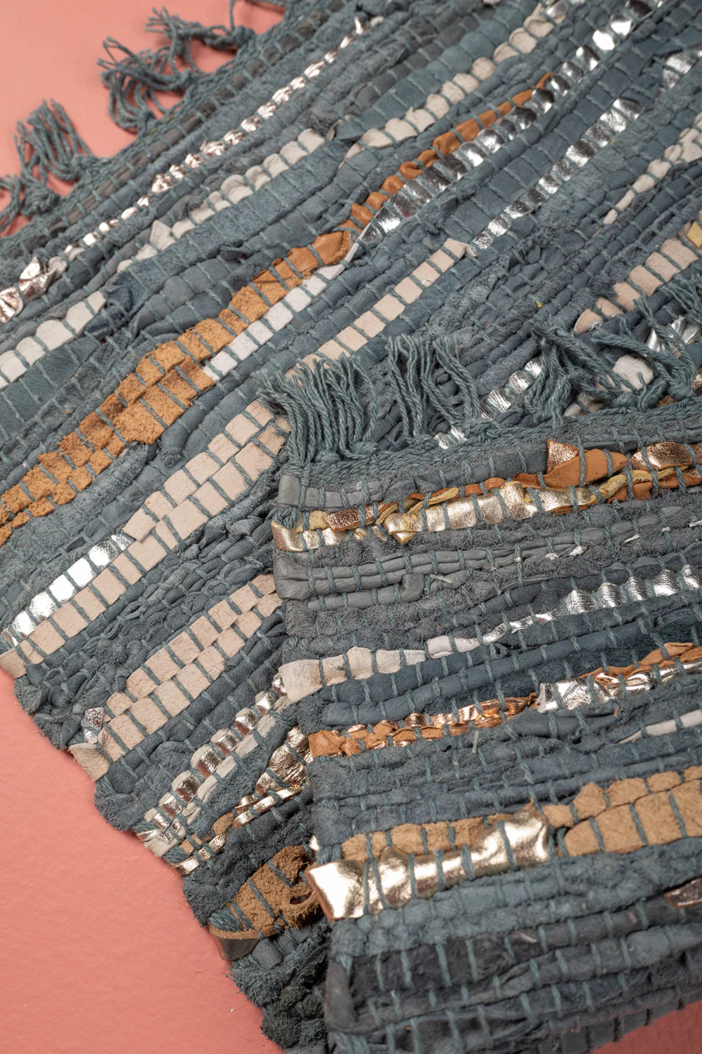 Seconds Set of Three Leather Chindi Mats in Blue, Taupe & Grey - Image 3