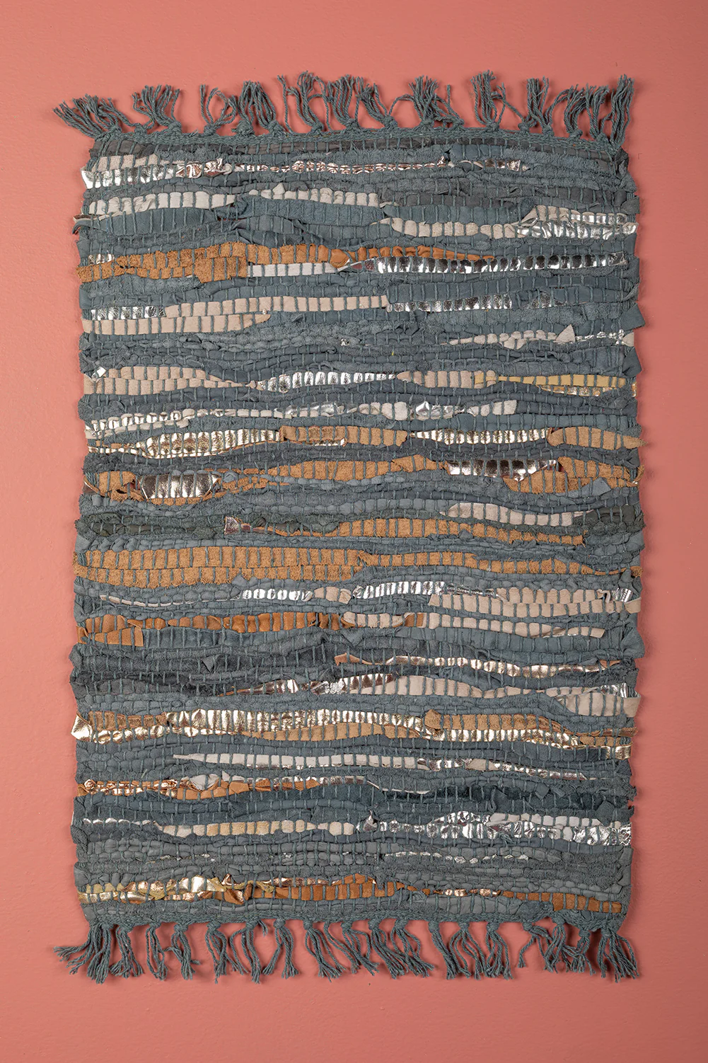 Seconds Set of Three Leather Chindi Mats in Blue, Taupe & Grey - Image 6