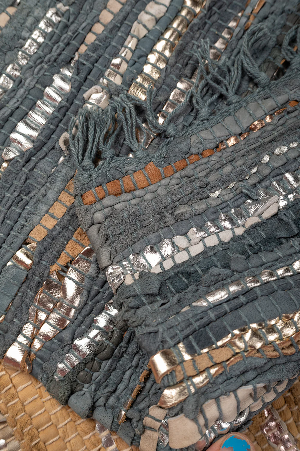 Seconds Set of Three Leather Chindi Mats in Blue, Taupe & Grey - Image 9