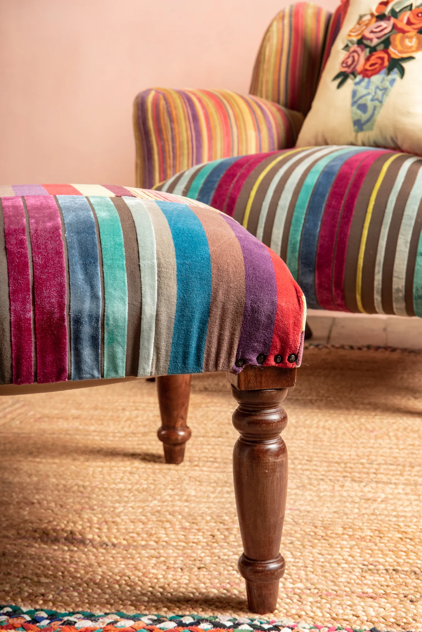 Striped Velvet Footstool - Image 7