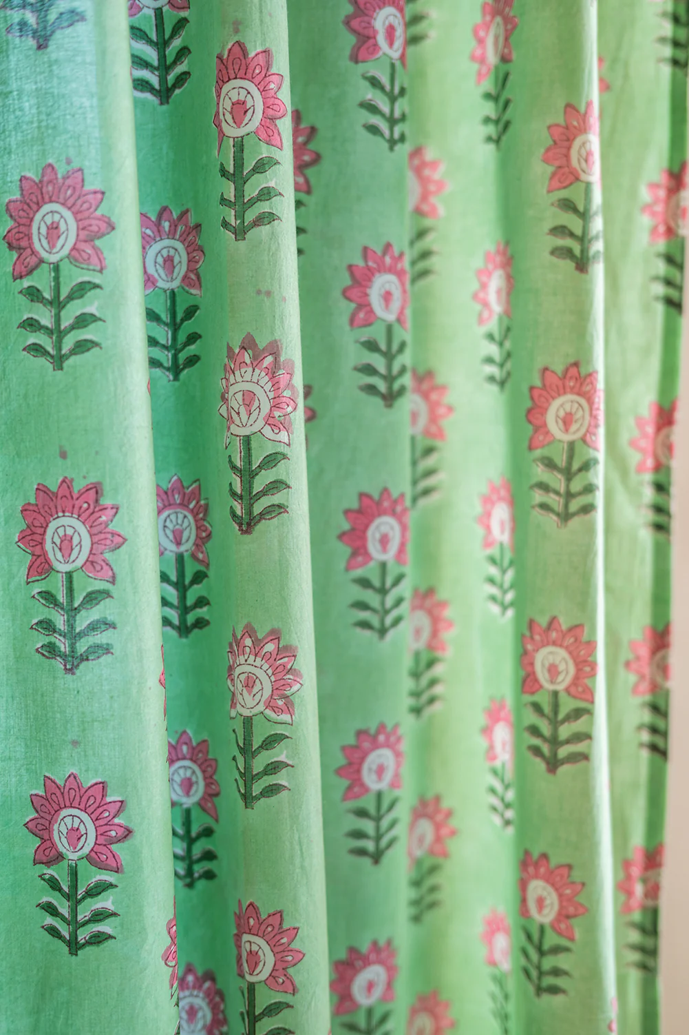 Taffy Pink Florals on Laurel Green Block Print Single Curtain - Image 7