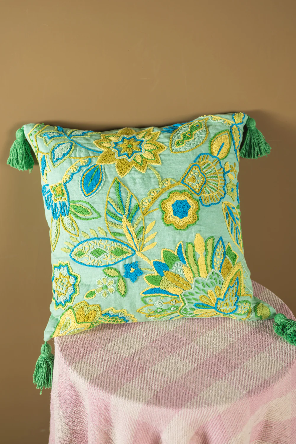 Turquoise Floral Embroidered Cushion Cover - Image 3