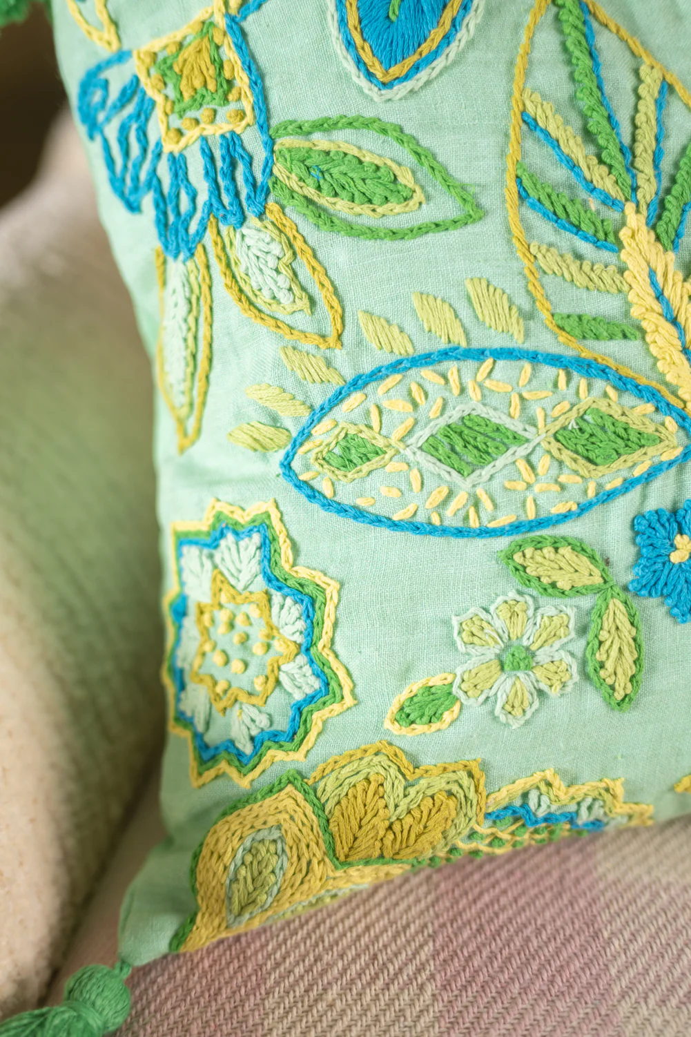 Turquoise Floral Embroidered Cushion Cover - Image 4