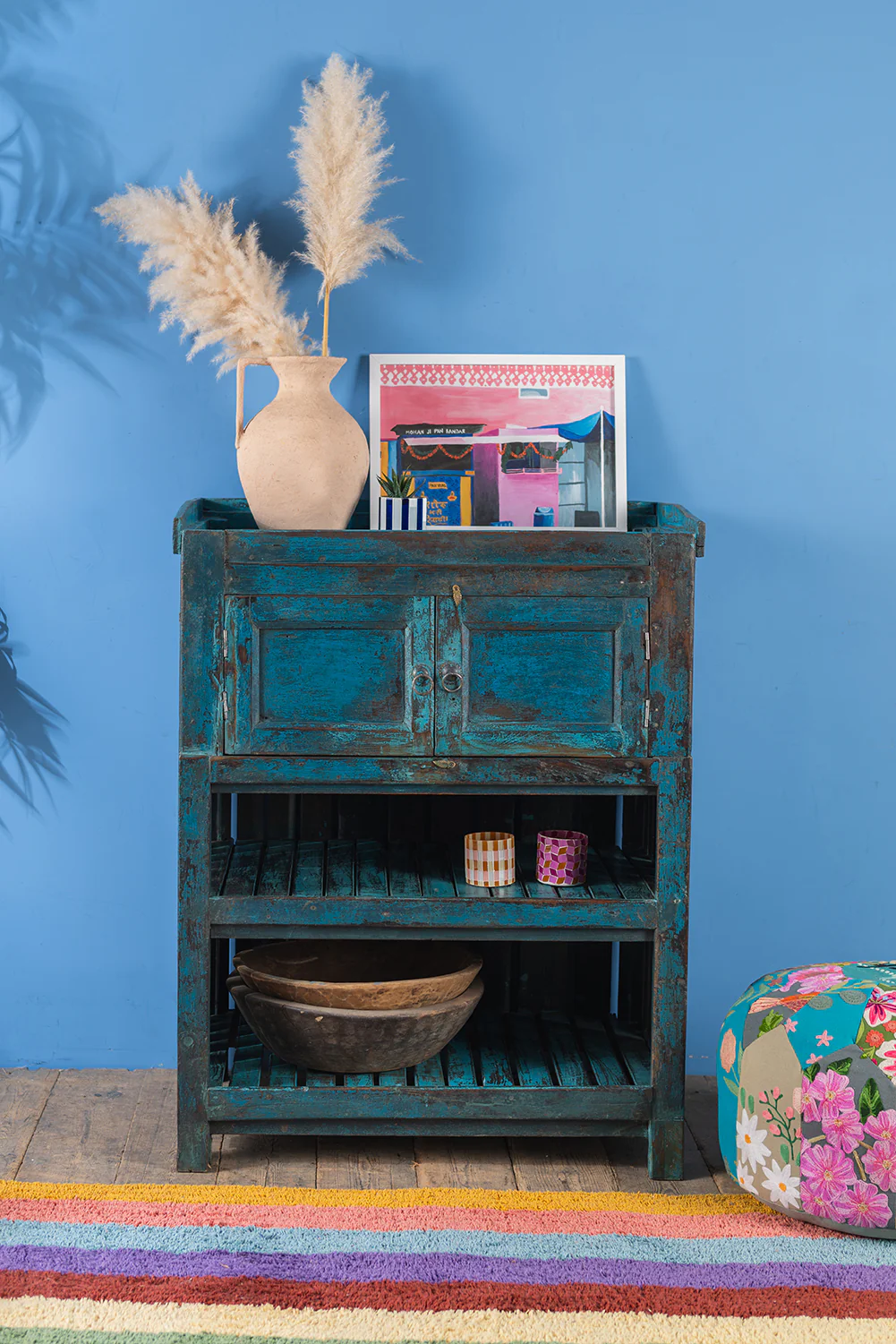 Vintage Blue Cupboard with Shelves <p>W:82cm D:51.5cm H:103cm </p> - Image 6