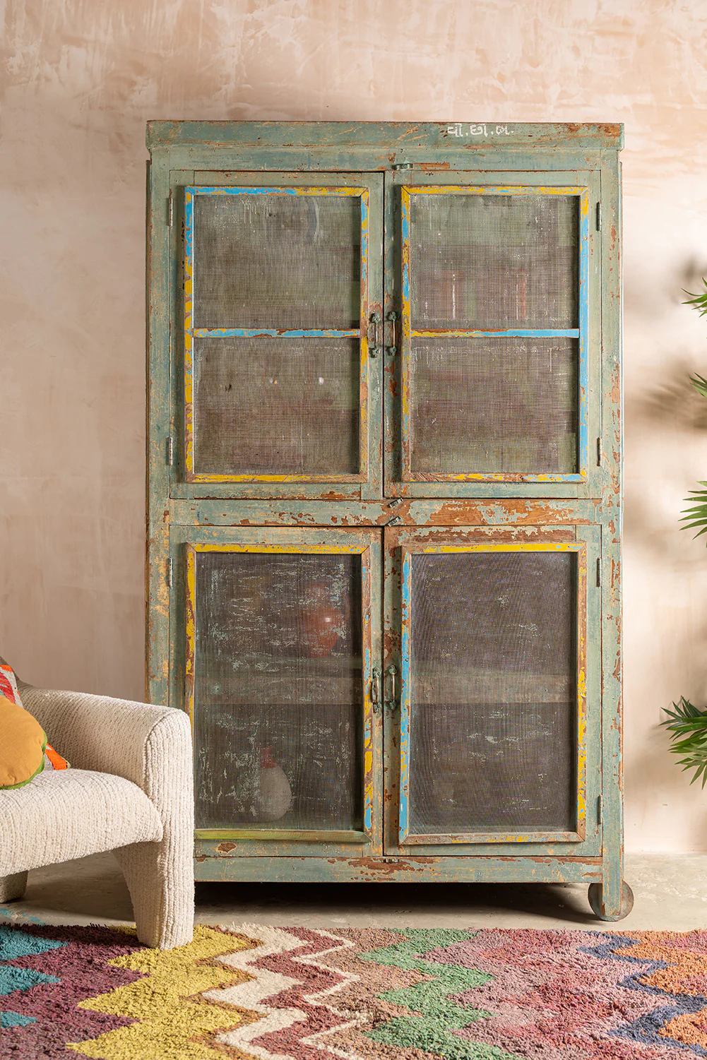 Vintage Earth Tones Jali Cupboard <p>W:131cm D:75cm H:221cm </p> - Image 9