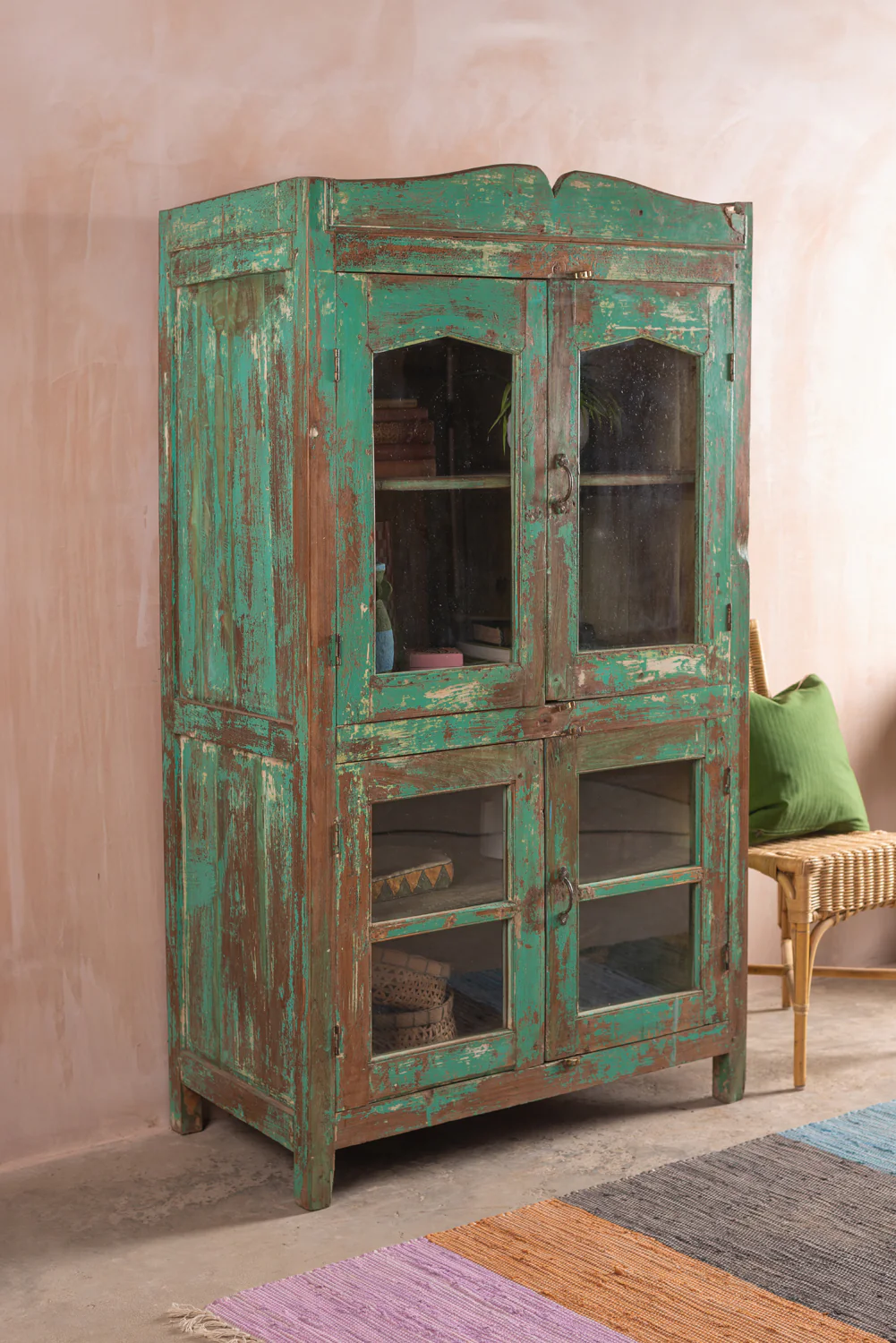 Vintage Green Glazed Cabinet <p>W:100cm D:55cm H:179cm </p> - Image 3
