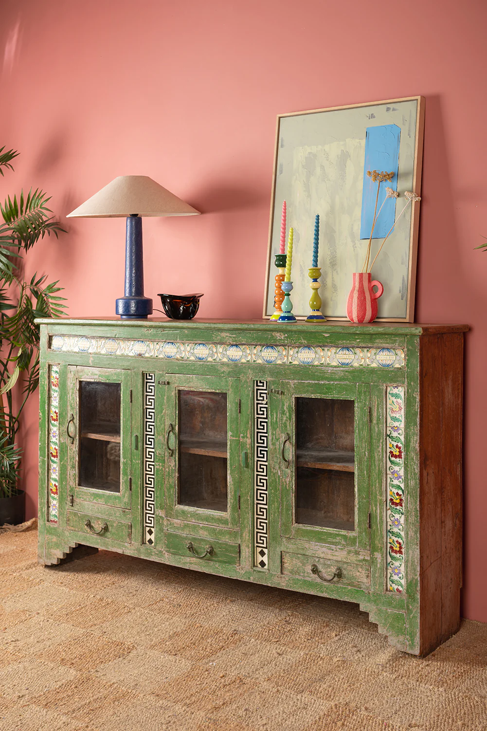 Vintage Green Sideboard with Tiles <p>W:178cm D:38cm H:107cm </p> - Image 8