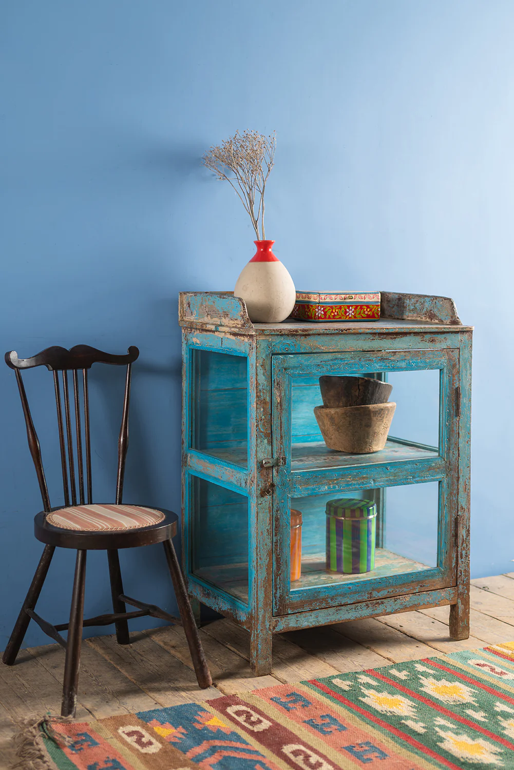 Vintage Light Blue Side Cabinet <p>W:66cm D:43.5cm H:90.5cm </p> - Image 5